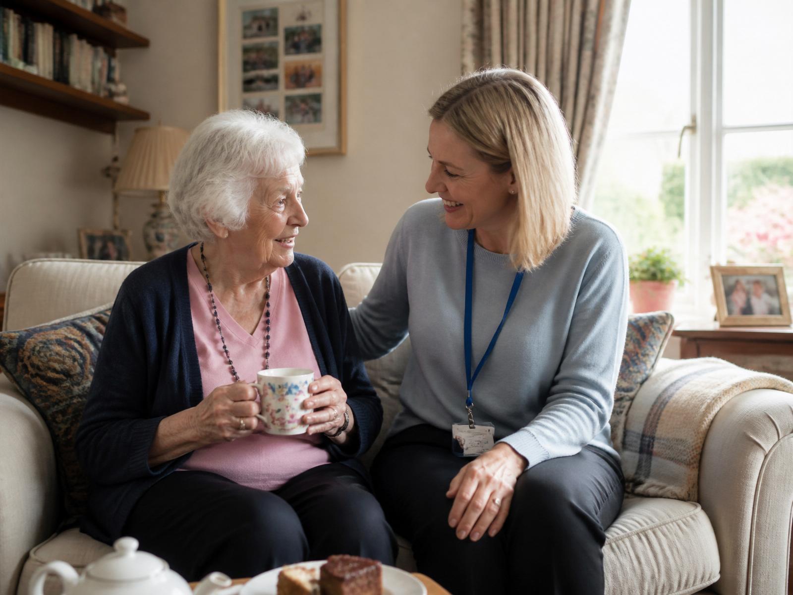 Caregiver sharing tea with an elderly woman